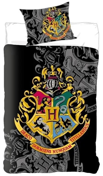 12: Harry Potter sengetøj - 140x200 cm - Guldfarvet Hogwarts våbenskjold - 2 i 1 design - 100% Bomulds sengesæt